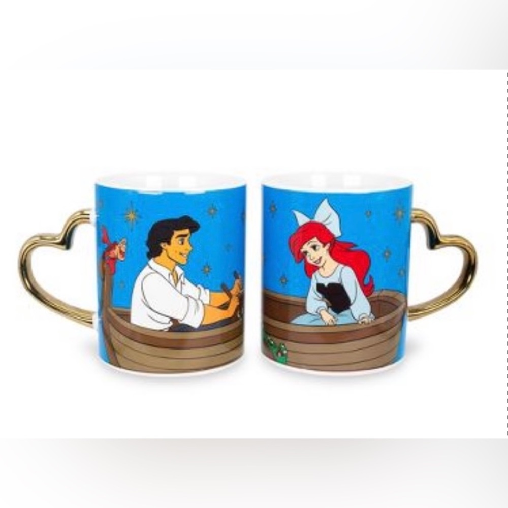 Disney Little Mermaid Ariel & Eric Heart-Shaped Handle Ceramic Mugs New In Box